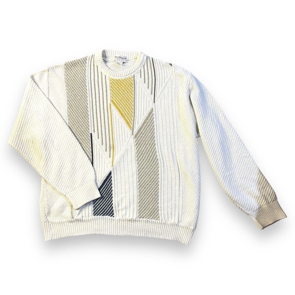 Vintage Mens Norm Thompson Beige yellow Knit‎ Textured Sweater Pullover Sz L​